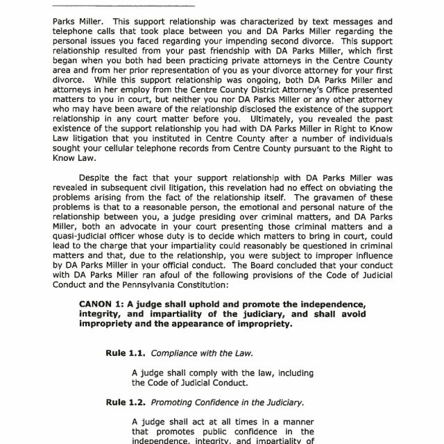 A scanned page from a legal document dated August 10, 2017, discussing Judge Jonathan D. Grine’s support relationship with DA Parks Miller and violations of judicial conduct.