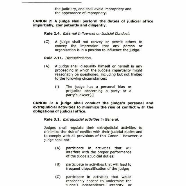 A scanned page from a legal document detailing judicial conduct rules for Judge Jonathan D. Grine, including Canon 2 and Canon 3 with specific rules on external influences, disqual