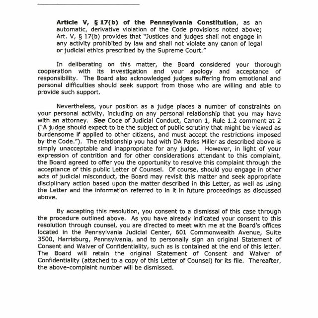 A scanned legal document page addressed to Honorable Jonathan D. Grine discussing judicial conduct and disciplinary resolution.