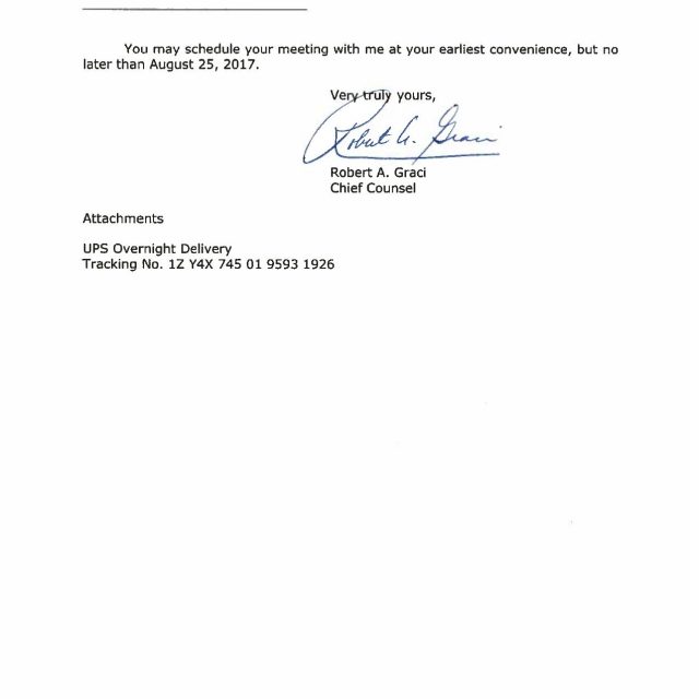 A scanned page from a legal letter dated August 10, 2017, addressed to Honorable Jonathan D. Grine, signed by Robert A. Graci, Chief Counsel, with UPS tracking information listed a