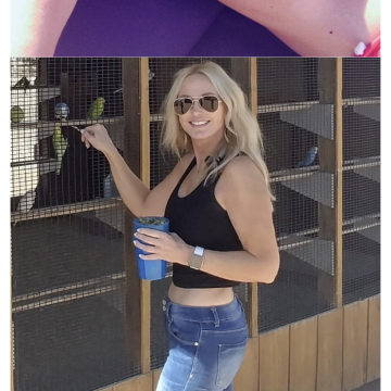 Screenshot of Bumble app showing three photos of a blonde woman in athletic wear, sunglasses, and jeans near bird cages.