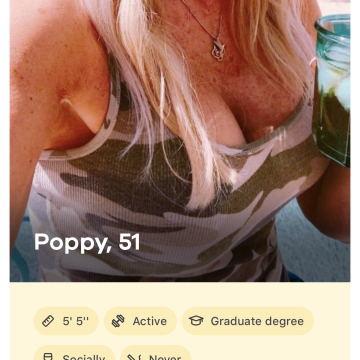 Screenshot of Bumble dating app profile for Poppy, 51, showing photo and bio details.