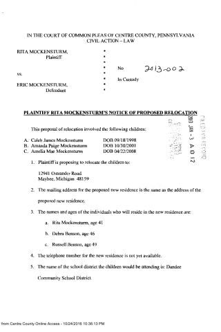 Legal notice detailing proposed relocation of three children by plaintiff Rita Mockensturm. A scanned legal document titled 'Plaintiff Rita Mockensturm's Notice of Proposed Relocation' listing children and relocation details.