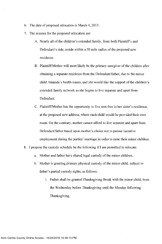 Document excerpt outlining relocation plans and custody arrangements. A scanned legal document page with numbered sections discussing proposed relocation and custody schedule.