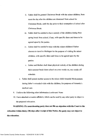 A legal notice detailing proposed relocation terms and child custody arrangements. A printed legal document page containing numbered clauses about child custody schedules and a warning notice regarding relocation objections.