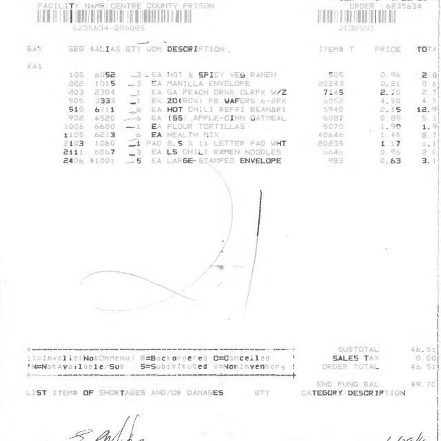 A printed food service order receipt showing itemized purchases, totals, and signatures.