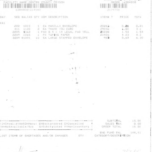 A printed sales order receipt from Keefe Commissary Network Sales dated July 25, 2016, listing stationery items and totals.