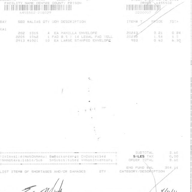 A printed sales order receipt showing inventory items, pricing, and totals for a prison commissary transaction.