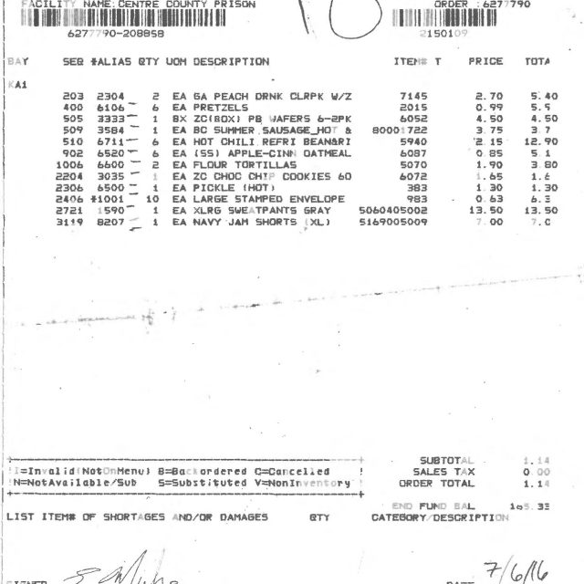 A printed order receipt from Keefe Commissary Network Sales dated July 5, 2016, listing food and supplies with prices and totals.