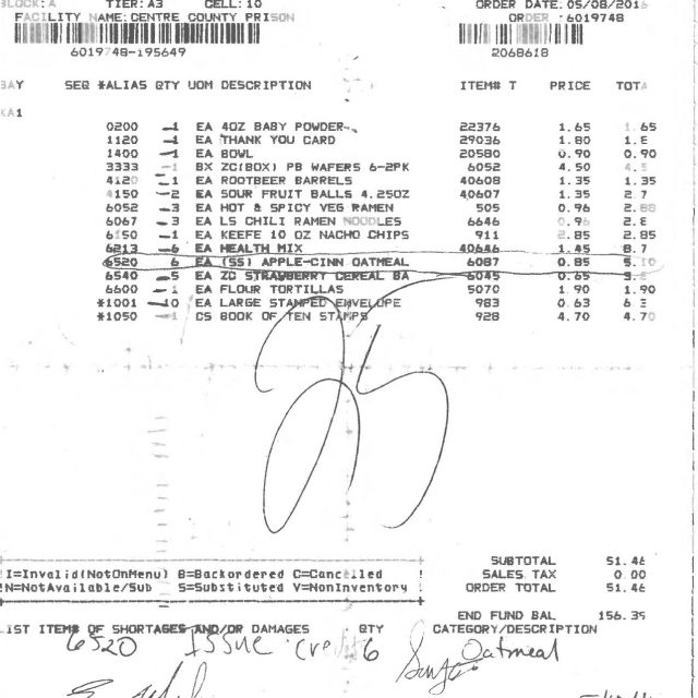 A printed receipt from Keefe Commissary Network Sales showing a list of purchased items with prices and totals, including handwritten notes and signatures.