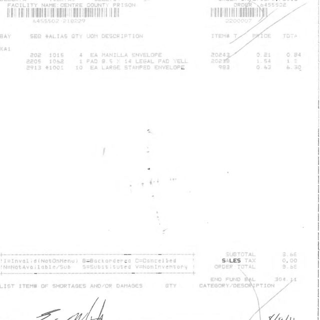 A printed sales order receipt showing envelope items, pricing, and handwritten signatures.