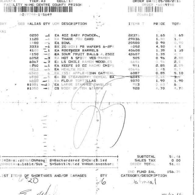A printed order receipt from Keefe Commissary Network Sales showing itemized purchases, totals, and handwritten notes.