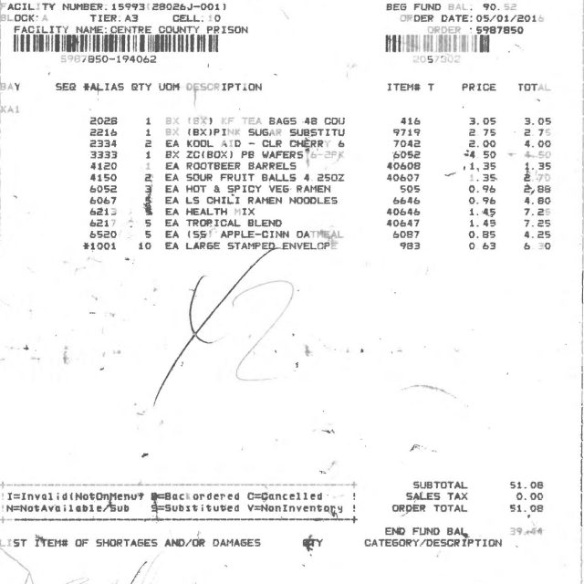 A printed order receipt from Keefe Commissary Network Sales showing itemized food orders, pricing, and totals for a facility named Centre County Prison.