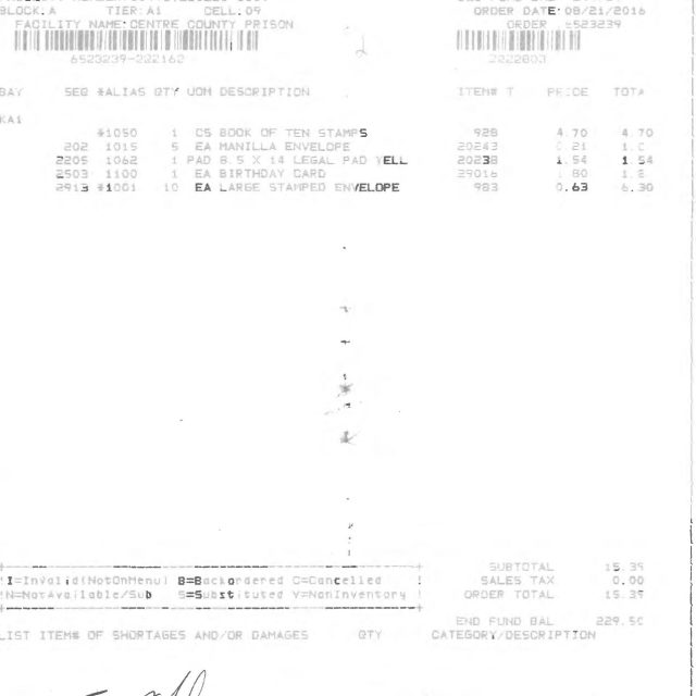 A printed order receipt showing inventory items, pricing, and signatures for a prison commissary transaction dated August 2016.