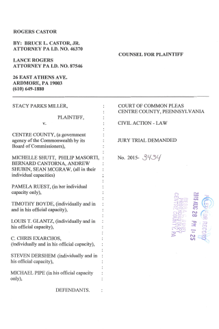 A scanned legal document showing a civil action lawsuit between Stacy Parks Miller as plaintiff and Centre County among others as defendants, with attorney information and court de