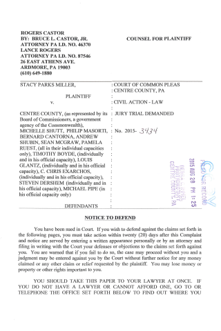 A scanned legal document titled 'NOTICE TO DEFEND' listing plaintiffs and defendants in a Centre County, PA civil action.