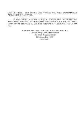 A printed document from the Lawyer Referral and Information Service at Centre County Court Administration in Bellefonte, PA, offering legal assistance information.