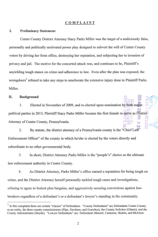 A scanned legal document titled 'COMPLAINT' with sections on Preliminary Statement and Background regarding District Attorney Stacy Parks Miller.