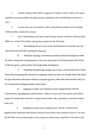 A scanned page from a legal document listing numbered points about District Attorney Parks Miller's actions and policies.