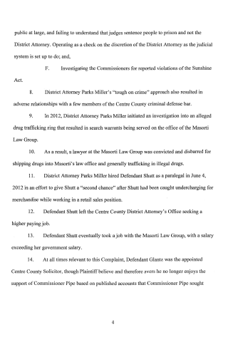 A scanned page from a legal complaint detailing events involving District Attorney Parks Miller, Defendant Shutt, and the Masorti Law Group.