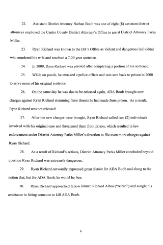 A scanned page from a legal document showing numbered paragraphs discussing Assistant District Attorney Nathan Boob and Ryan Richard.