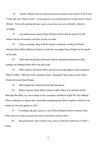 A scanned page of a legal document with numbered paragraphs discussing a murder-for-hire plot involving Ryan Richard and Albro.