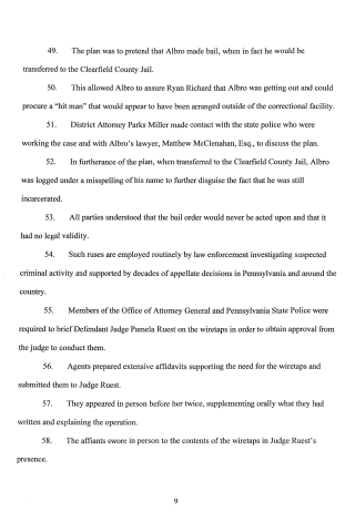 A scanned page of a legal document with numbered paragraphs discussing a plan involving bail, jail transfer, and wiretaps.