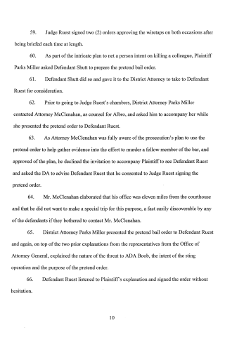 A scanned page from a legal document showing numbered paragraphs 59 through 66 discussing wiretaps, bail orders, and court proceedings.
