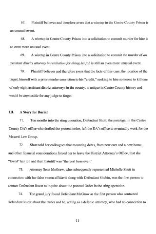 A scanned legal document page with numbered paragraphs discussing a wiretap in Centre County Prison and a sting operation involving Defendant Shutt.