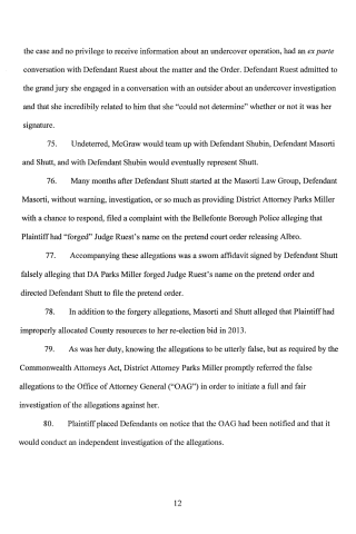 A scanned legal document page with numbered paragraphs discussing a civil case involving defendants, undercover operations, and allegations of forgery.
