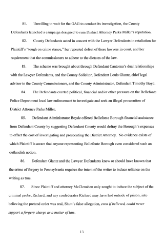 A scanned page from a legal document showing numbered paragraphs discussing defendants, plaintiffs, and allegations of forgery.