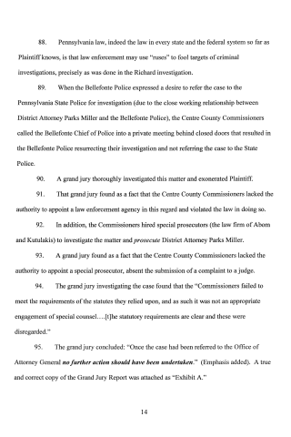 A scanned page from a legal document showing numbered paragraphs discussing Pennsylvania law, police investigations, and grand jury findings.