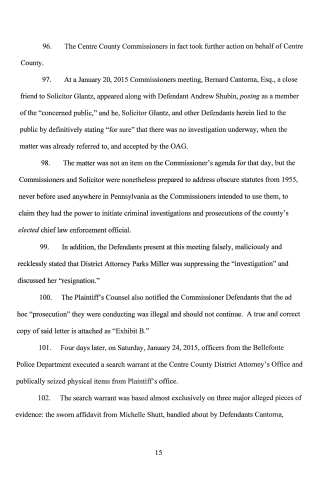 A scanned legal document page with numbered paragraphs discussing Centre County Commissioners, Bernard Cantorna, Andrew Shubin, and a January 2015 meeting.
