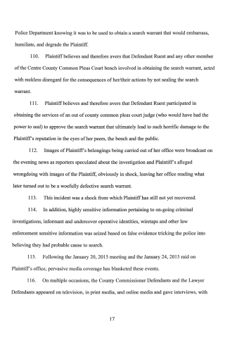 A scanned page from a legal document showing numbered paragraphs discussing search warrants, media coverage, and law enforcement actions.