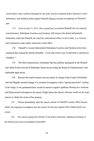 A scanned page from a legal document containing numbered paragraphs discussing plaintiffs, defendants, commissioners, and search warrants.