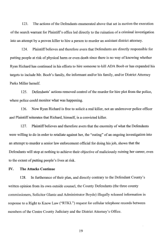 A scanned page from a legal document containing numbered paragraphs discussing criminal investigations, defendants' actions, and retaliation against law enforcement.
