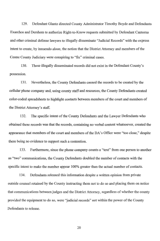 A scanned page from a legal document containing numbered paragraphs discussing defendants, Right-to-Know requests, and judicial records.