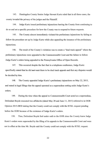 A scanned page from a legal document showing numbered paragraphs discussing court rulings, injunctions, and appeals involving Judge Kurtz and the County.