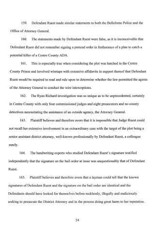 A scanned page from a legal document showing numbered paragraphs discussing Defendant Ruest, wiretaps, and signature analysis.