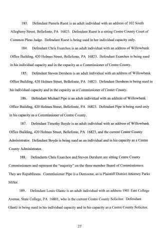 A scanned page from a legal document listing defendants with addresses and roles in Centre County, Pennsylvania.