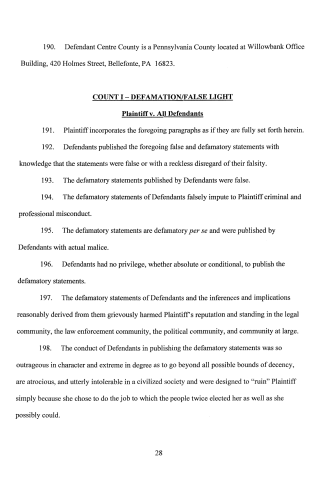 A scanned legal document page showing paragraphs 190–198 of a civil complaint titled 'COUNT I – DEFAMATION/FALSE LIGHT' against Defendant Centre County.