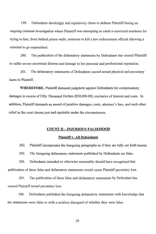 A scanned legal document page showing paragraphs 199–206 of a civil complaint regarding defamation, including a demand for damages and the heading 'COUNT II – INJURIUS FALSEHOOD'.