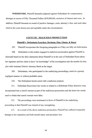 A scanned legal document page showing a civil complaint with paragraphs numbered 207 to 213 detailing malicious prosecution claims.