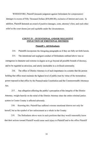 A scanned legal document page showing a civil complaint with paragraphs numbered 214 through 219, discussing intentional infliction of emotional distress and damages.
