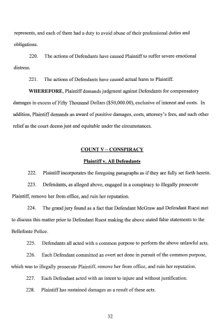 A scanned page from a legal document showing paragraphs of text, numbered sections, and a heading for Count V - Conspiracy.