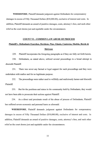A scanned legal document page showing a civil complaint with numbered paragraphs detailing abuse of process claims and demands for damages.