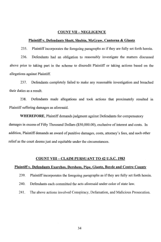A scanned legal document page showing Count VII - Negligence and Count VIII - Claim Pursuant to 42 U.S.C. 1983 in a civil complaint.
