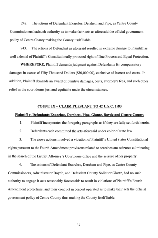 A scanned legal document page showing paragraphs 242-243 and Count IX of a civil complaint involving Centre County Commissioners and Fourth Amendment violations.