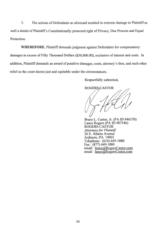A scanned legal document page showing a 'WHEREFORE' clause demanding damages, followed by attorney signatures and contact information for Rogers Castor.