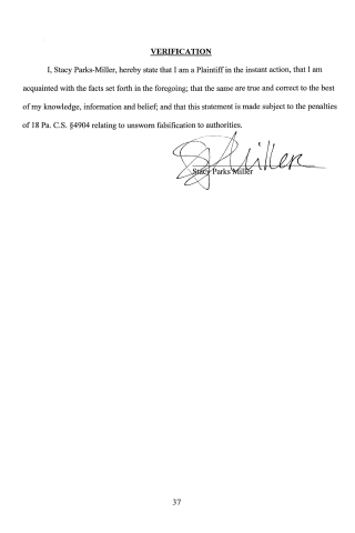 A scanned legal document page titled VERIFICATION with a signature of Stacy Parks Miller and page number 37.